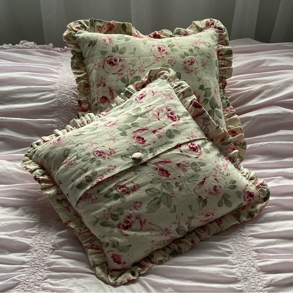 Simply Shabby Chic Rosalie Linen Blend Floral Roses Pillow Cover Pair Cream Pink - Picture 16 of 16